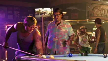Grand Theft Auto VI 4K PC wallpaper: Cal Hampton in a pastel shirt holding a drink watches a man take a pool shot in a neon-lit bar while onlookers crowd the scene.