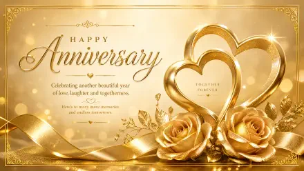 4K Ultra HD PC desktop wallpaper — golden anniversary design with intertwined gold hearts, ribbon and roses, Happy Anniversary and Together Forever script on a luminous gold background.