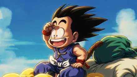 HD PC desktop wallpaper/background: Dragon Ball kid Goku anime — cheerful young Goku with his tail sitting on a cloud against a bright blue sky
