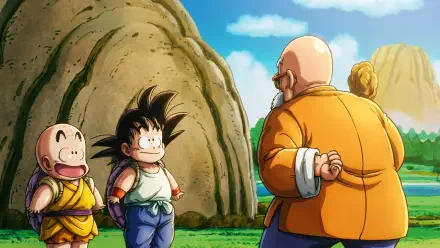 HD anime desktop wallpaper from Dragon Ball: young Goku and Krillin smile at Master Roshi against grassy hills and a bright blue sky.