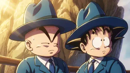 Dragon Ball HD PC wallpaper: kid Goku and Krillin in matching blue suits and hats, anime-style against rocky cliffs.