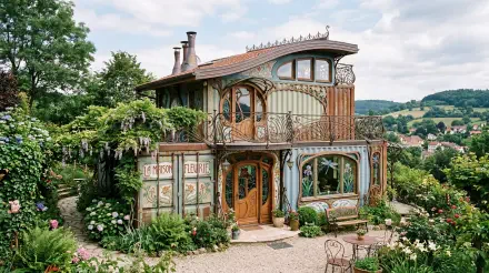 5K Ultra HD PC desktop wallpaper of a whimsical container house with ornate wooden trim, lush flowering garden, wrought-iron balcony, and rolling hills under a bright sky.