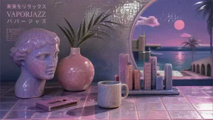 Vaporjazz 4K Ultra HD PC desktop wallpaper: pastel-retro scene with a classical bust, vase and mug on tiled table, miniature neon city by arch framing pink moon over ocean.