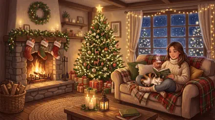 Cozy Christmas living room scene — 5K Ultra HD PC desktop wallpaper: woman reading on sofa with cat, lit tree, stockings, fireplace and presents by a snowy window.