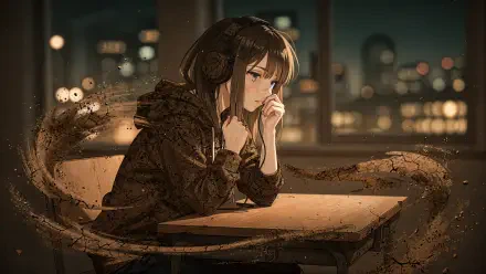 Sad lofi girl in headphones at a desk by a rainy city window, pensive expression and glowing skyline — 4K Ultra HD PC desktop wallpaper.