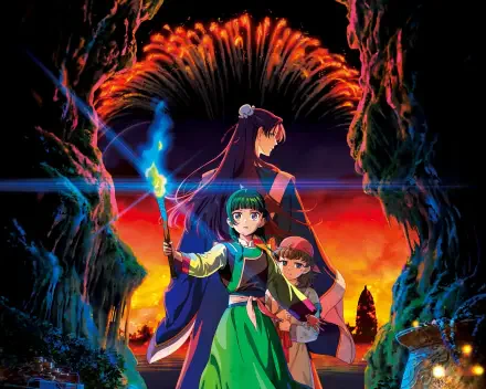 2K Quad HD PC desktop wallpaper of The Apothecary Diaries anime: Maomao and Jinshi stand before a fiery cave portal, Maomao holding a glowing blue potion as a silhouetted figure looms above.