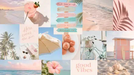 Pastel summer 4K Ultra HD PC desktop wallpaper: soft pink and blue collage of beach scenes, palm leaves, umbrella, ice cream, bicycle, peaches, hibiscus and good vibes sign.
