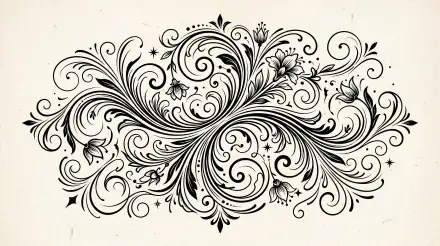 Artistic vector flourish of ornate black swirls, flowers and stars on a light background — 5K Ultra HD PC desktop wallpaper and background.
