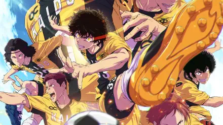Aoashi anime HD PC desktop wallpaper/background: energetic soccer team in yellow kits diving toward a ball in a vibrant, action-packed scene.