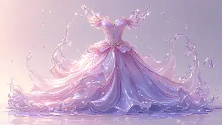 4K Ultra HD PC desktop wallpaper background of a pastel pink-lavender princess dress with ornate bodice, flowing, water-like skirts and sparkling droplets.