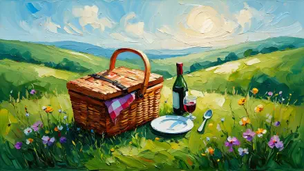 5K Ultra HD PC desktop wallpaper and background: painted picnic basket with wine, glass, plate and spoon amid wildflowers on sunlit rolling hills.
