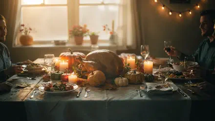 Aesthetic Thanksgiving 4K Ultra HD PC desktop wallpaper — warm candlelit table with roasted turkey, pumpkins, wine glasses and soft string lights by a window, cozy harvest dinner scene.