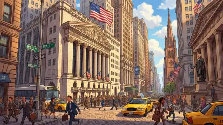 Vibrant Wall Street illustration: NYSE façade, American flag, busy pedestrians and yellow taxis — 5K Ultra HD PC desktop wallpaper and background.