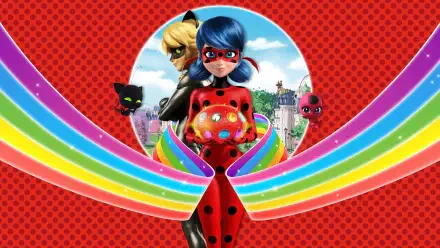 Miraculous Ladybug 4K Ultra HD PC desktop wallpaper: Ladybug center holding a glowing Miraculous, Cat Noir and kwamis nearby, rainbow ribbons sweeping over a red polka-dot city backdrop.