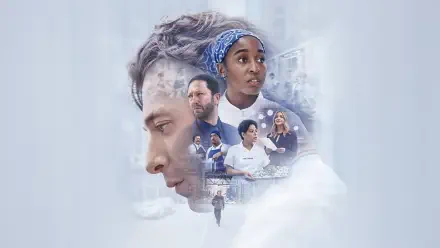 4K Ultra HD PC desktop wallpaper: The Bear poster-style montage — a chef's profile blended with supporting characters, kitchen scenes and a faint city backdrop.