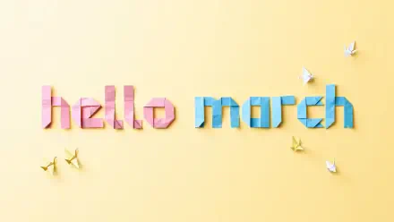 5K Ultra HD PC desktop wallpaper: hello march spelled in pink and blue origami letters on a soft yellow background with small paper cranes.
