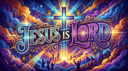 Vibrant 5K Ultra HD PC desktop wallpaper: luminous cross and ornate Jesus is Lord lettering amid stained-glass rays, radiant clouds, and worshipping silhouettes over a glowing skyline.