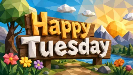Low-poly 4K Ultra HD PC desktop wallpaper reading Happy Tuesday in chunky 3D wooden letters over a sunny mountain lake scene with trees and colorful flowers.