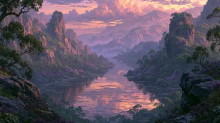 Lush mountain and river landscape at pink-purple sunset, cliffs and forest framing reflective water — 2K Quad HD PC desktop wallpaper and background.