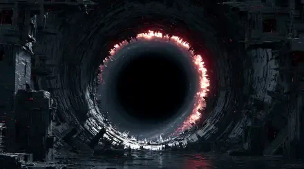 2K Quad HD PC desktop wallpaper: a dark cylindrical tunnel framing a black Void ringed with fiery light and a wet reflective floor.