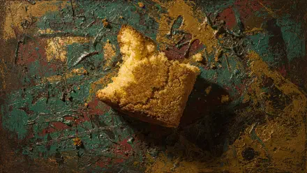 Bitten square of cornbread on a painted, textured surface; 4K Ultra HD PC Desktop Wallpaper and Background with warm, rustic lighting.