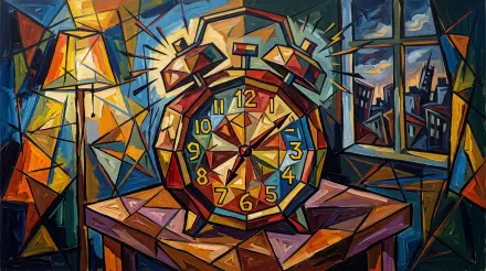 Cubist alarm clock on a bedside table by a city window in bold geometric colors — 5K Ultra HD PC desktop wallpaper/background.