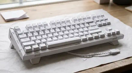 White mechanical keyboard on a wooden desk, high-detail 5K Ultra HD PC desktop wallpaper and background.