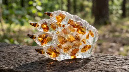 Translucent resin paw with amber inclusions and dark claws on a sunlit log in a forest — 5K Ultra HD PC desktop wallpaper and background.