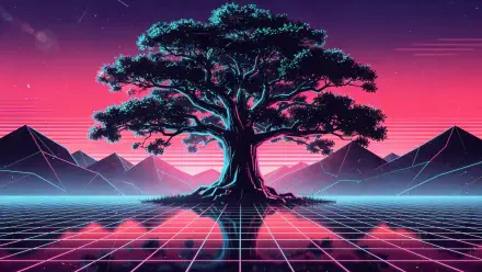 4K Ultra HD PC desktop wallpaper — neon oak tree on a glowing retro-futuristic grid, mirrored reflection, silhouetted mountains beneath a vivid pink-purple sky.