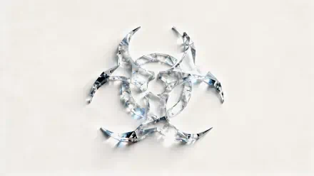 4K Ultra HD PC desktop wallpaper and background — shattered crystal glass forming a biohazard symbol on a clean white backdrop.