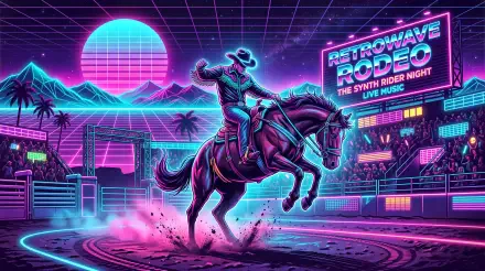 Neon synthwave rodeo: cowboy bucking a horse in a retro-futuristic cityscape with glowing grid mountains and magenta-teal lights — 5K Ultra HD PC Desktop Wallpaper & Background