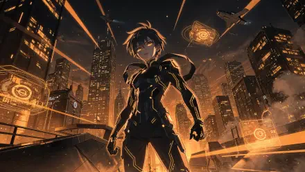 Sci Fi Anime 4K Ultra HD PC desktop wallpaper: armored protagonist stands on a rooftop overlooking an orange-lit futuristic city with holographic displays and drones streaking across the skyline.
