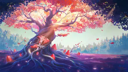 Valorant HD PC desktop wallpaper/background: a luminous, oversized cherry-like tree with twisted roots and red crystal shards, pink petals drifting over a misty purple forest at dawn.