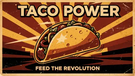 Retro Taco Power poster: illustrated taco on a starburst backdrop with Feed the Revolution slogan — 4K Ultra HD PC desktop wallpaper and background.