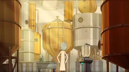 Rick and Morty season 9 TV show 2K Quad HD desktop wallpaper: Rick stands in a vast industrial lab, facing towering metallic tanks, vats, and brewing equipment.