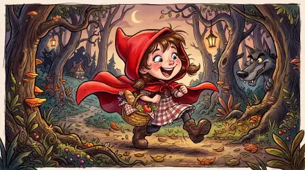 Colorful 5K Ultra HD PC desktop wallpaper of Red Riding Hood: cheerful girl in red cloak carrying a basket through an enchanted forest with glowing lanterns and a wolf lurking behind trees.