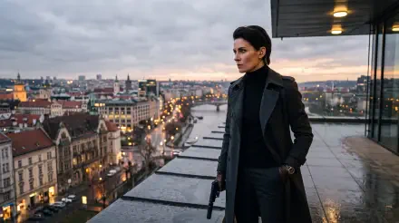 Secret Agent — 5K Ultra HD PC Desktop Wallpaper and Background: lone agent in dark coat holding a pistol on a rooftop balcony, gazing over a lit European city at dusk.