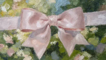 Soft pink satin bow on a ribbon against painterly green foliage — 4K Ultra HD PC desktop wallpaper and background.