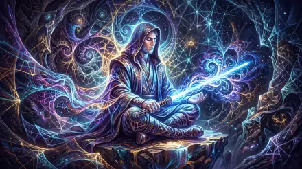 Jedi meditating with a glowing blue lightsaber amid swirling cosmic fractal energies — 5K Ultra HD PC desktop wallpaper and background.