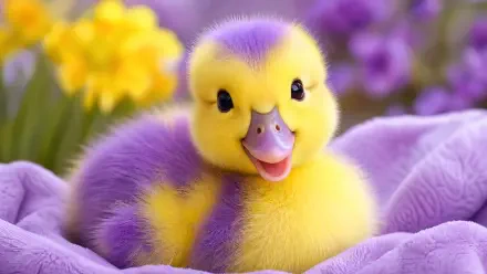 Cute purple-and-yellow baby duckling resting on a soft blanket, rendered as a 4K Ultra HD PC desktop wallpaper and background.