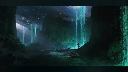 Halo HD PC desktop wallpaper: lone Spartan walks in a vast alien cavern beneath a glowing ring, teal waterfalls and shafts of light illuminating rocky terrain.