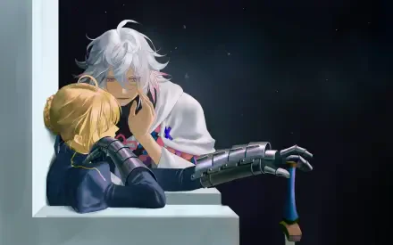 HD PC desktop wallpaper background: Anime — Fate (Series) scene of a white-haired character tenderly holding a blonde, armored companion at a window beneath a starry night.