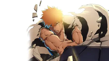 Bleach: Thousand-Year Blood War 4K Ultra HD PC wallpaper/background — Ichigo lunges forward, muscles straining as he smashes through rubble, silhouetted by a fierce, blinding backlight.