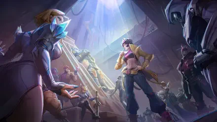 Marvel Rivals 4K Ultra HD PC desktop wallpaper/background: stylized showdown in a ruined arena, lone hero bathed in a shaft of light while rival combatants circle below.
