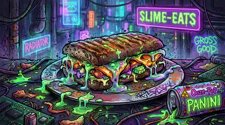 5K Ultra HD PC Desktop Wallpaper and Background: neon cyberpunk panini oozing green slime on a plate amid glowing SLIME-EATS signs and scattered tech debris.