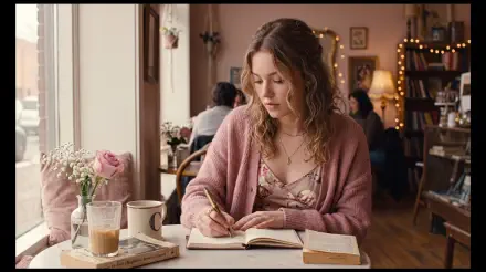 Girly 5K Ultra HD PC Desktop Wallpaper and Background: woman in a pink cardigan writing in a notebook at a cozy café table with coffee, flowers and warm string lights.