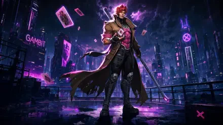 Gambit from the Marvel Rivals video game stands on a rain‑slick rooftop clutching charged playing cards and a staff, neon‑lit futuristic city skyline behind — 4K UHD PC wallpaper/background.