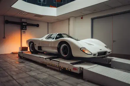 8K Ultra HD PC desktop wallpaper of a white McLaren G6GT sports car on a workshop lift, showcasing its low-slung profile and vintage racing wheels.