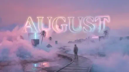 5K Ultra HD PC desktop wallpaper & background: dreamy August scene with neon AUGUST floating above a misty boardwalk, lone silhouette, palm trees and pastel sunset clouds.