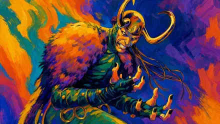 Vibrant painted portrait of Loki (Marvel Comics) in a horned helmet and green-gold costume with swirling multicolor backdrop — 4K Ultra HD PC desktop wallpaper